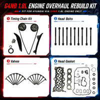 Complete G4NB 1.8L engine rebuild kit, include crankshaft, pistons rings, rod, bearing, timing chain, VVT sprocket valve. Fit Hyundai i30, Kia Forte 11‑16.
