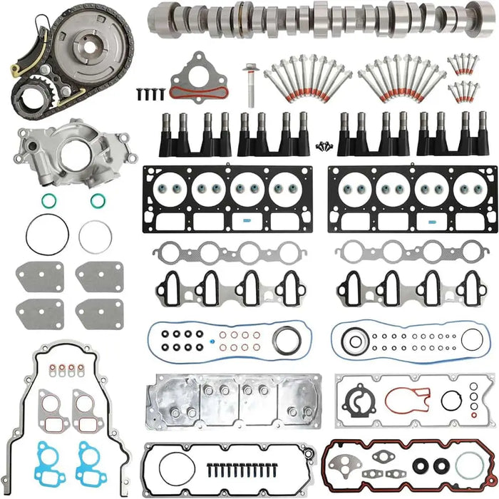 Premium 5.3L V8 engine rebuild kit with camshaft, lifters, timing chain, oil pump and gaskets. Fits Chevrolet and GMC 5.3L models