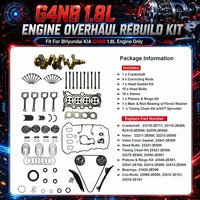 Complete G4NB 1.8L engine rebuild kit, include crankshaft, pistons rings, rod, bearing, timing chain, VVT sprocket valve. Fit Hyundai i30, Kia Forte 11‑16.
