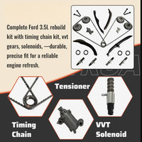 Timing chain kit with VVT phasers, guides & tensioner. OE# ML3Z6C525A ML3Z6256A HL3Z6M280A HL3Z6306A, fits F-150 Expedition Navigator 3.5L V6 17-22.
