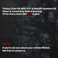 9-4201S 2.4 Ecotec Rebuild Overhaul Kit Timing Chain Kit With VVT & Piston & Con-Rods & Bearings Fit For Chevrolet Captiva Equinox Orlando Buick LaCrosse Regal Verano GMC Terrain 2.4L 2011-2017