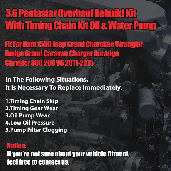 Pentastar 3.6 Overhaul Rebuild Kit With Timing Chain Kit Oil & Water Pump 2011-2015 | Fit For Ram 1500 Jeep Grand Cherokee Wrangler Dodge Grand Caravan Charger Durango Chrysler 300 200 3.6L V6