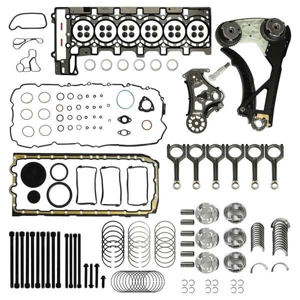 N55B30 3.0 Engine Rebuild Kit with Timing Chain Kit & Piston Kit & Con-Rods | Fits 2011-2018 BMW 335i 535i X5 X3 435i 135i M235i X1 740i Replace#11247624615 11247576714