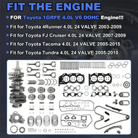 Complete 1GRFE 4.0L engine rebuild kit for Toyota Tacoma 4Runner FJ Cruiser Tundra 2003-2015